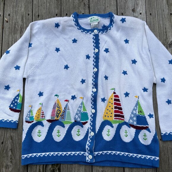 The Quacker Factory women's 2X cardigan sweater sailboats boats - Picture 1 of 16